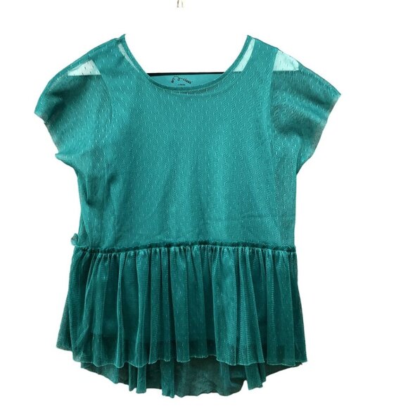 Art Class Girls L 10/12 Blouse Tunic Jewel Green Mesh Peplum Ruffle Short Sleeve - Picture 1 of 6